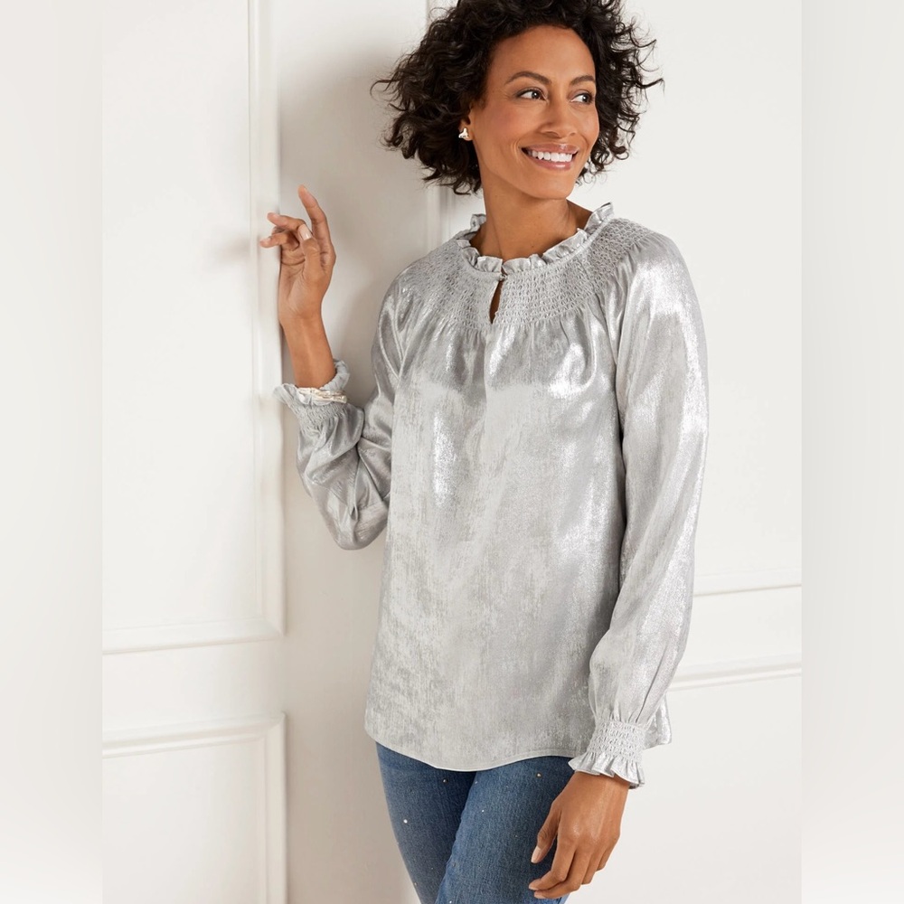 Talbots Silver Metallic Smocked Top